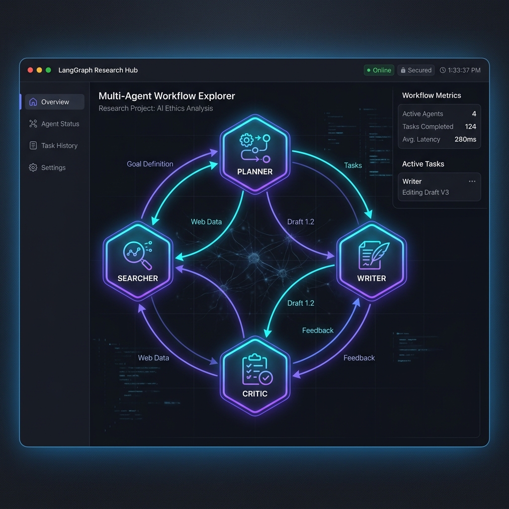 AI Research Agent Screenshot showing agent nodes dashboard